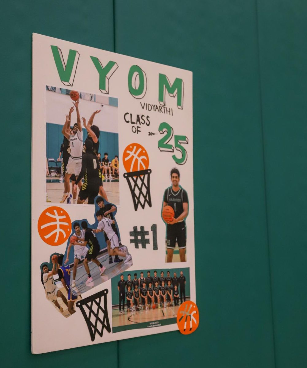 A poster for Vyom is posted on the Zhang Gymnasium wall. Friends and family made personalized gifts for the seniors. 