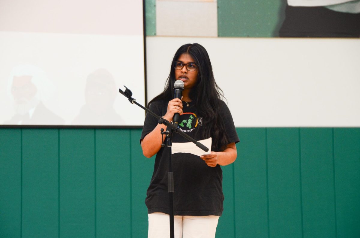 Student Diversity Coalition representative Dhanya Ramanan (10) speaks about Black History Month. She followed by showing a video about celebrating Black pride and triumphs.