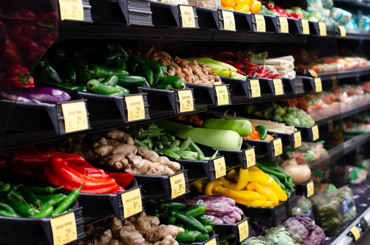 Fresh produce lines the shelves of Safeway in Saratoga, featuring a variety of peppers, ginger and other vegetables. The US imported around 60% of fruits and 40% of vegetables in 2023, with Mexico supplying the majority of these imports.