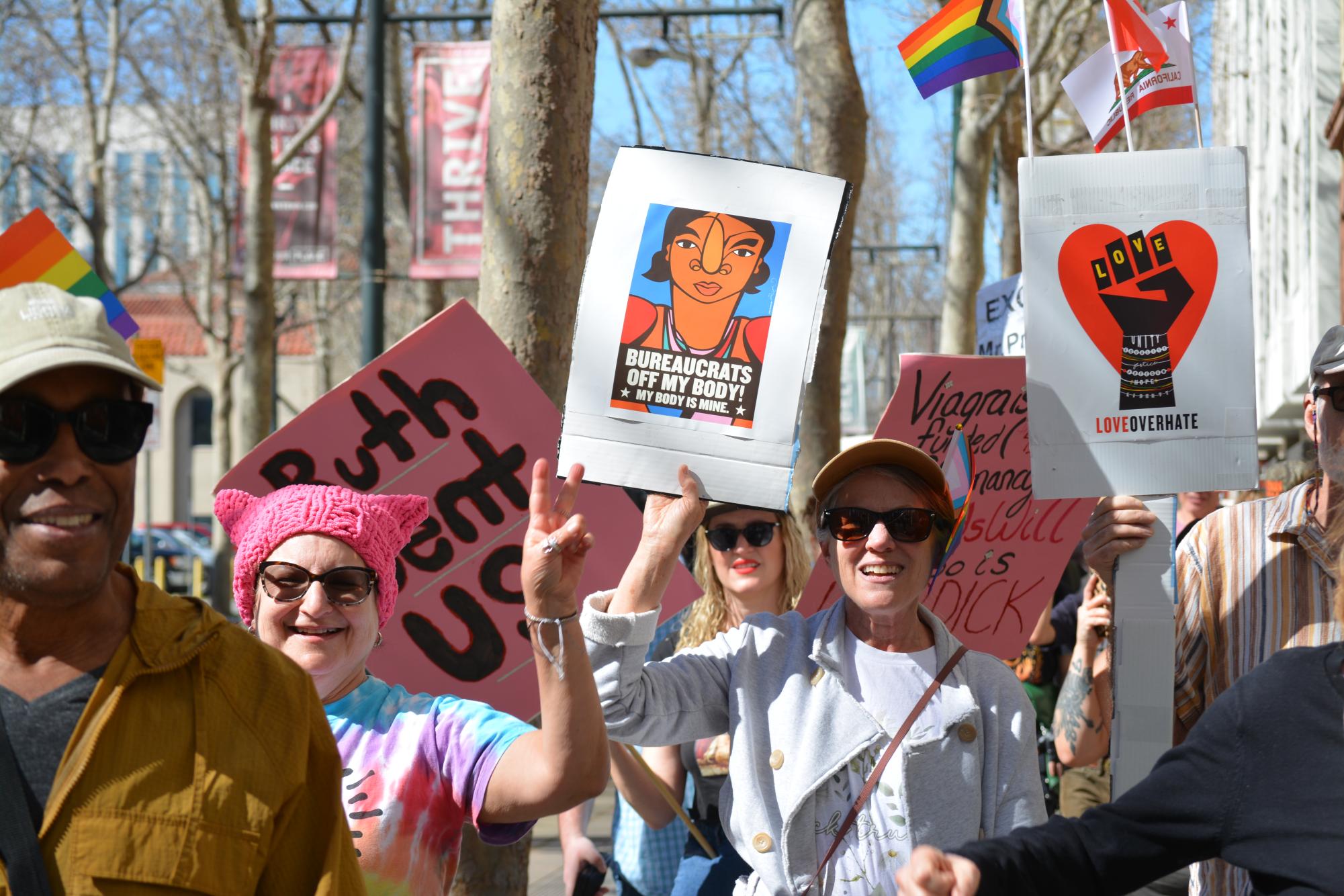 Protestors held up posters which rallied for various women's rights. The freedom of choice manifested itself in many of them.