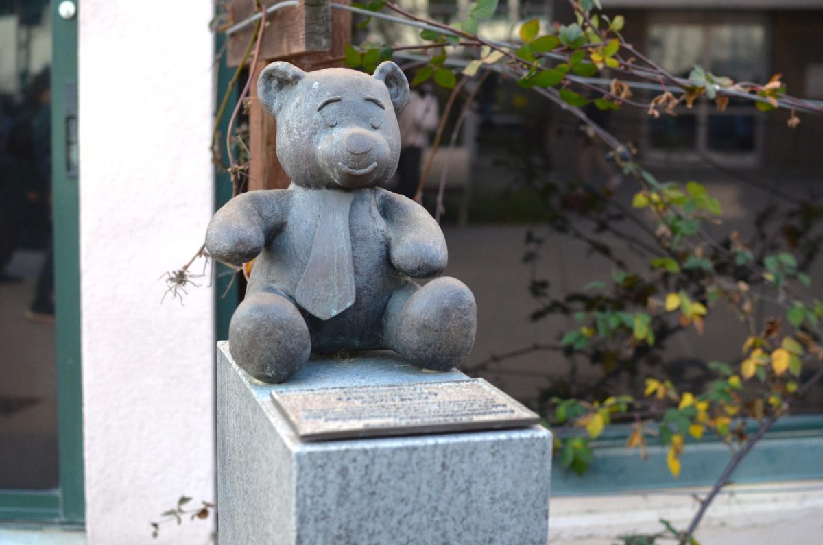 The bear statue next to Dobbins references Jason Berry's nickname "Bear" and commemorates his impact on the Harker community. "You would think he was here forever," English teacher and department head Pauline Paskali said. "It seems his presence is still here with us, and I know we all teach with him in mind."