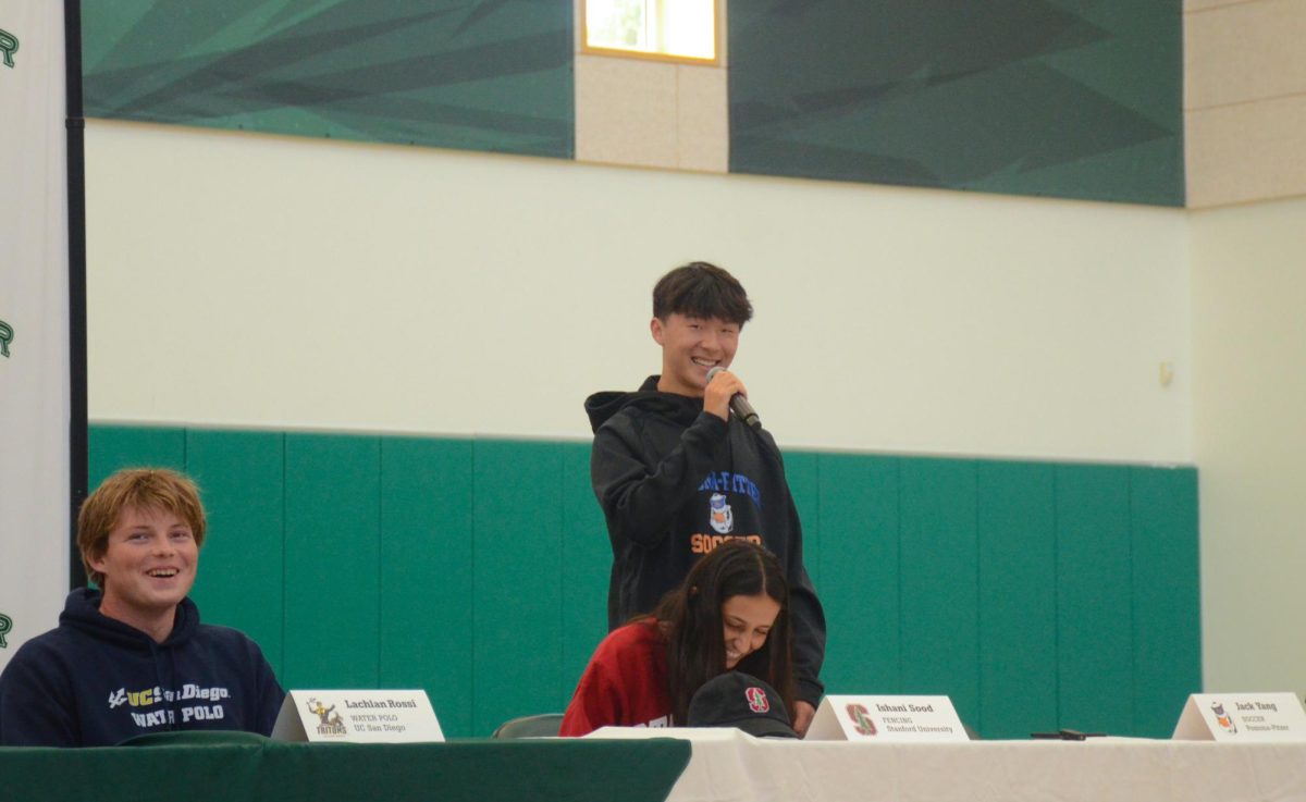 Jack Yang ('24) speaks about his commitment to Pomona Pitzer at the college athletics signing ceremony in May 2024. Jack played both club and varsity high school soccer.   