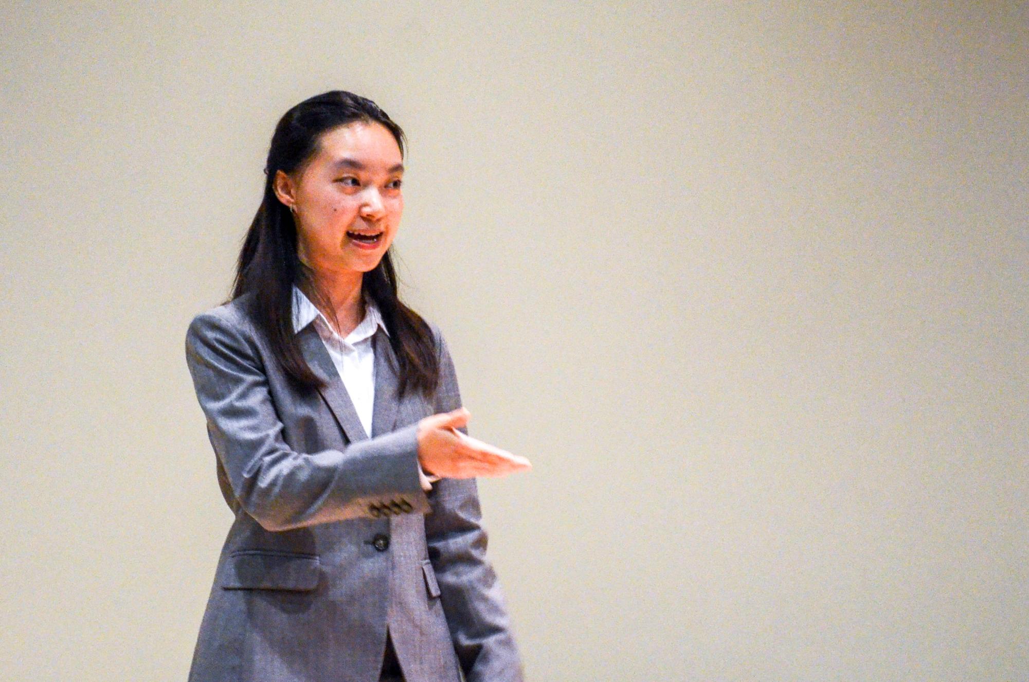 Sophomore Sophia Zhu delivers her original oratory, titled "Start Slapping." She challenged the misconception that logic and emotion are opposites, emphasizing how emotion can enhance decision-making.