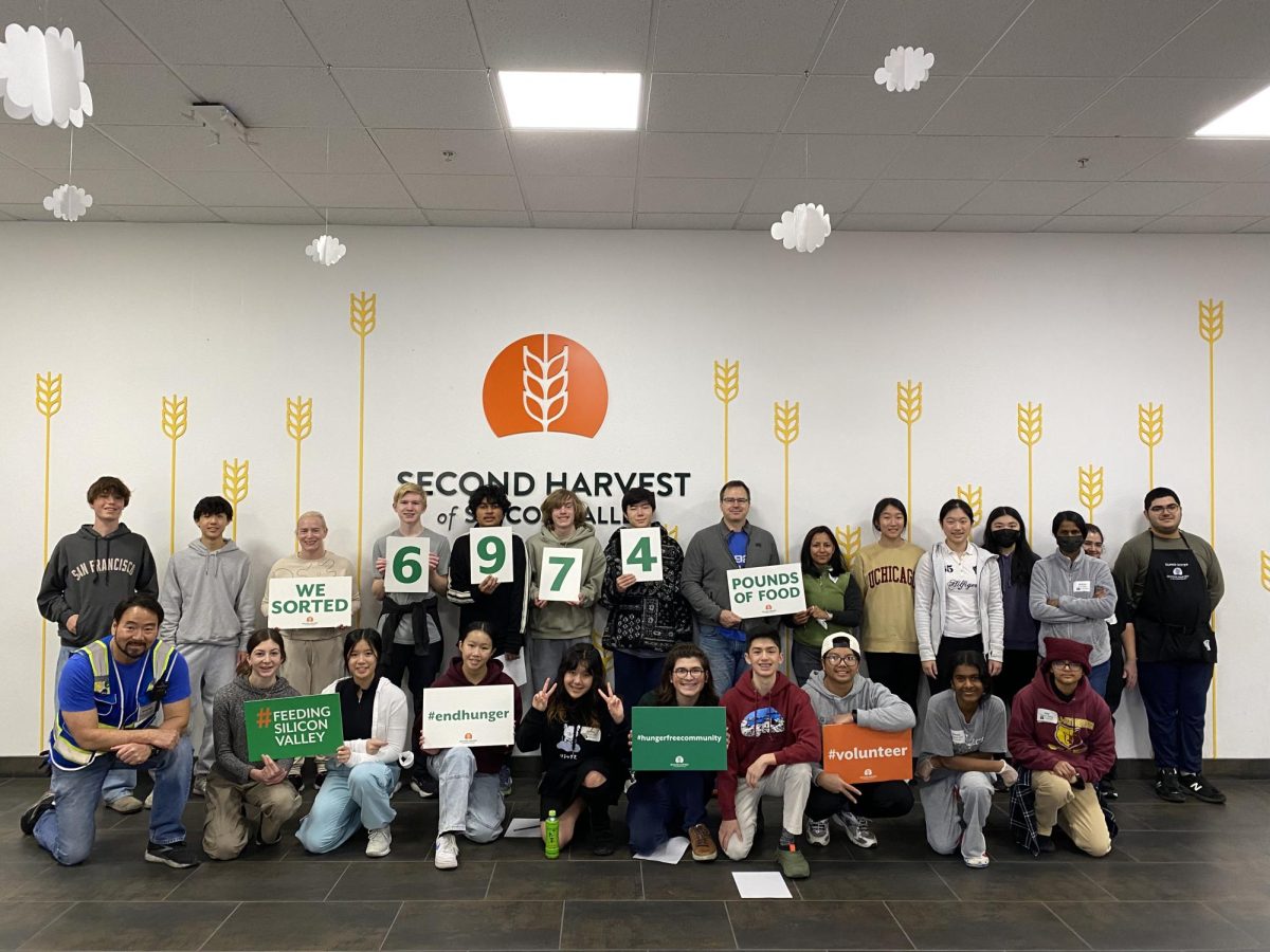 A group of Harker volunteers pose for a picture at Second Harvest of Silicon Valley's Cypress Center in North San Jose on January 20. Harker reserved two shifts on the Martin Luther King Junior Day of Service, sorting 6974 pounds of food. (Provided by Second Harvest)
