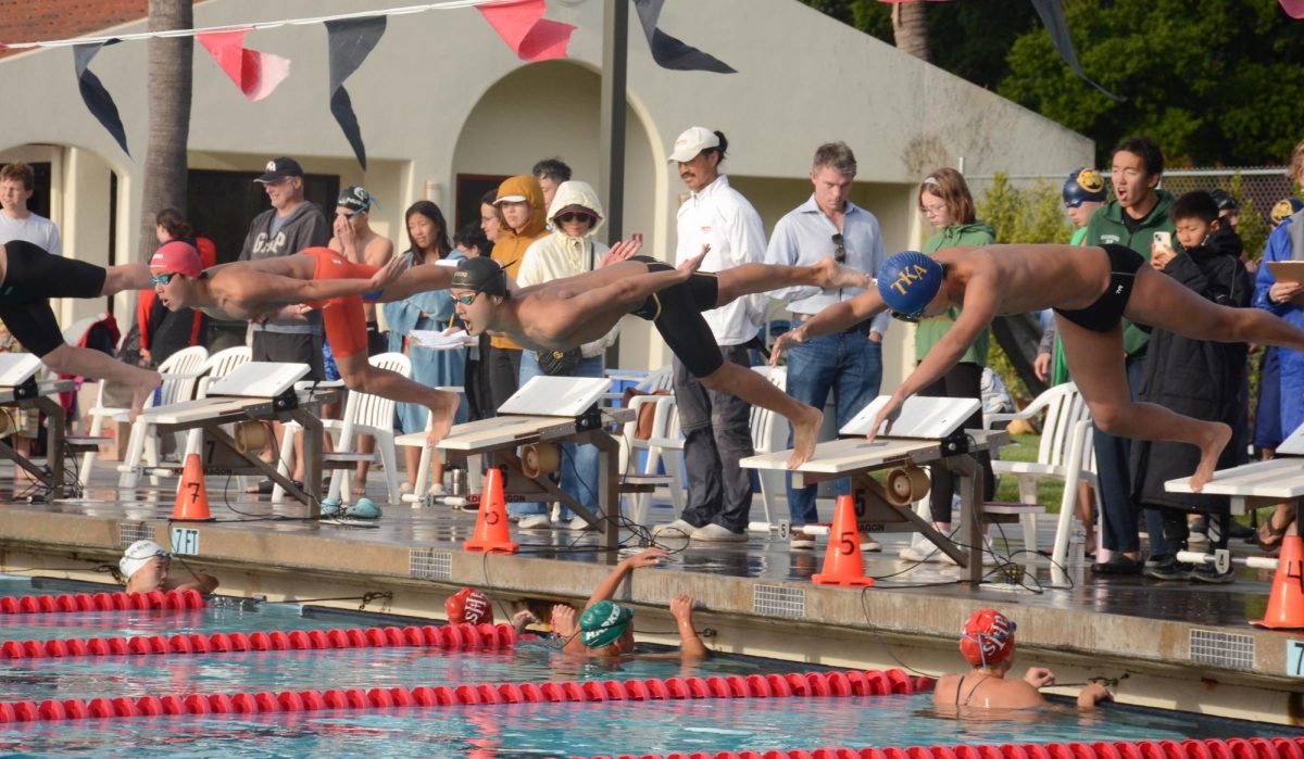 Edmund Wang (9) jumps off the diving block while spectating swimmers from Harker cheer him on. Edmund swam the 200 IM event.