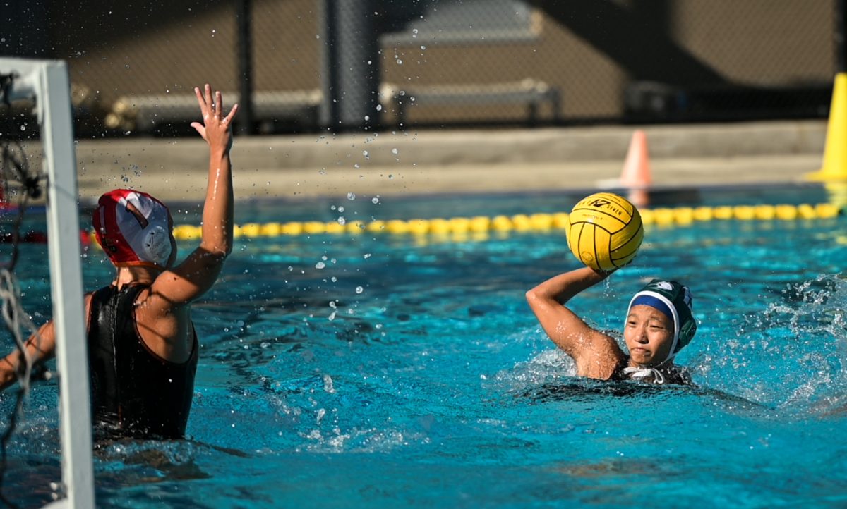 Field player Isabel Yang (10) raises her arm for a shot on goal. Harker won the game with a score of 12-10.