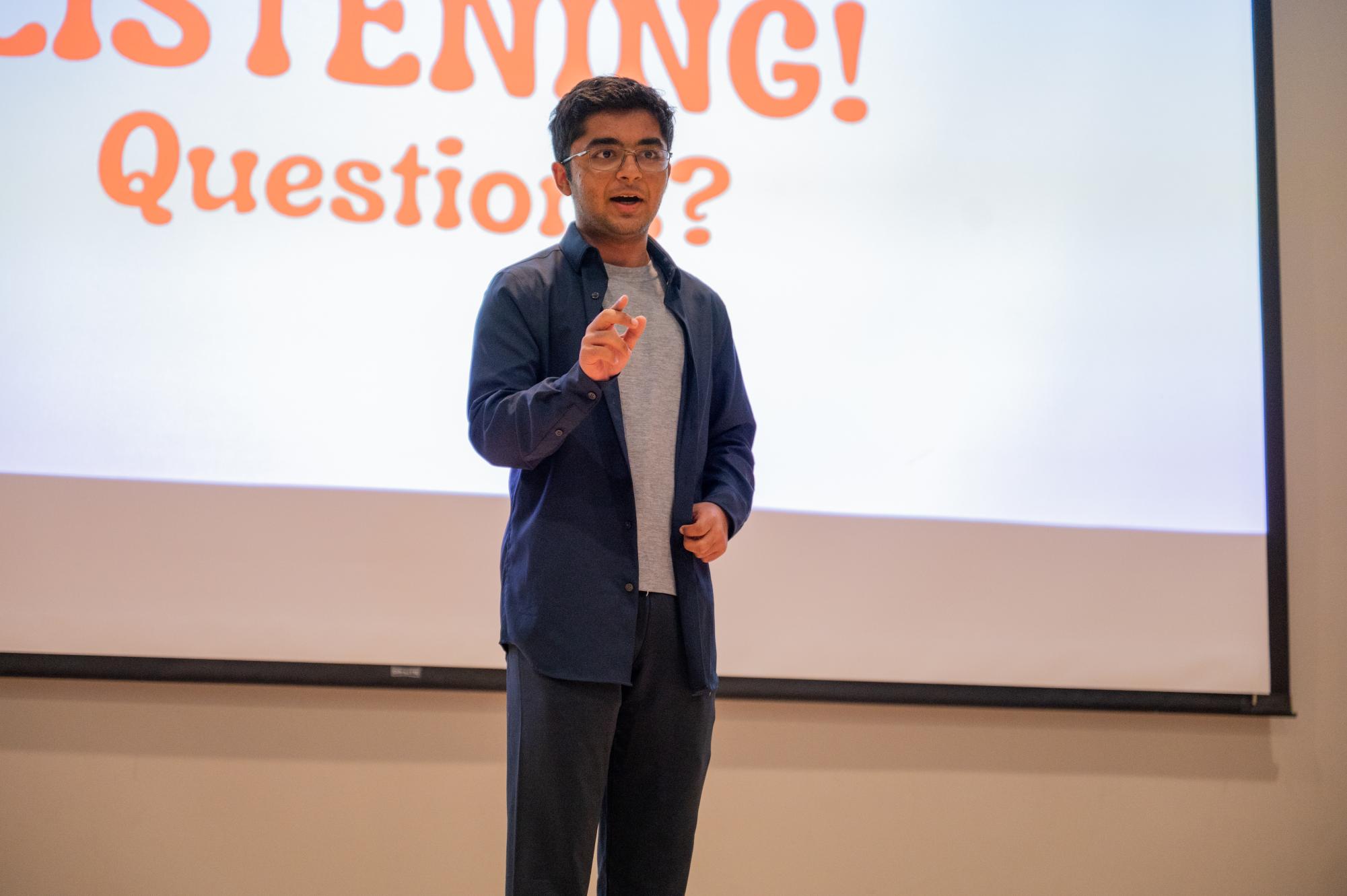 Frosh Rohan Ahuja answers a question about his team's company during the innovation challenge. Rohan's group presented an innovation called K.ai. 