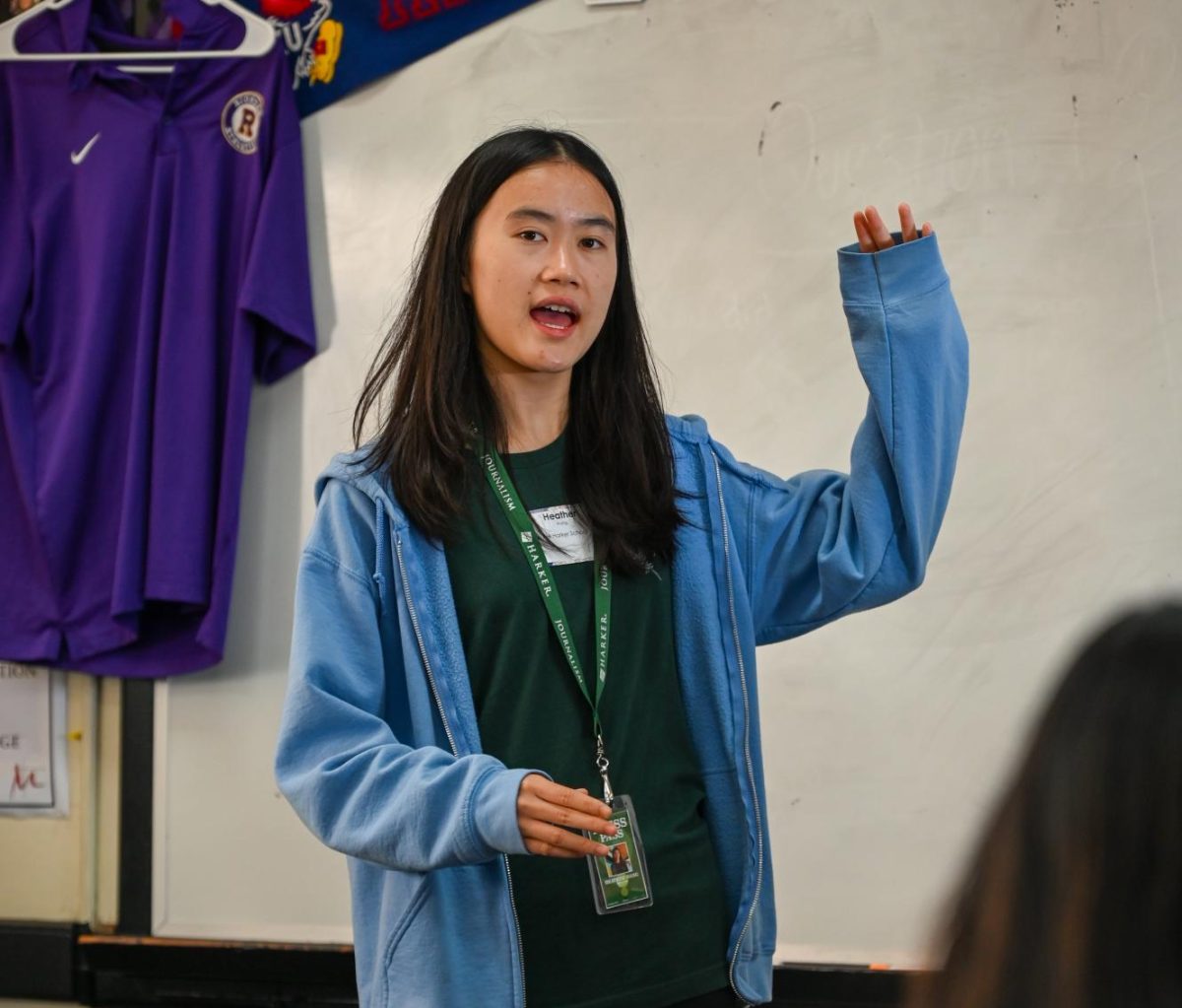 HoH Managing Editor Heather Wang (11) introduces the publication. “I wanted to share this project with other schools because Humans of Harker is meaningful and my favorite part of Harker Journalism,” Heather said.