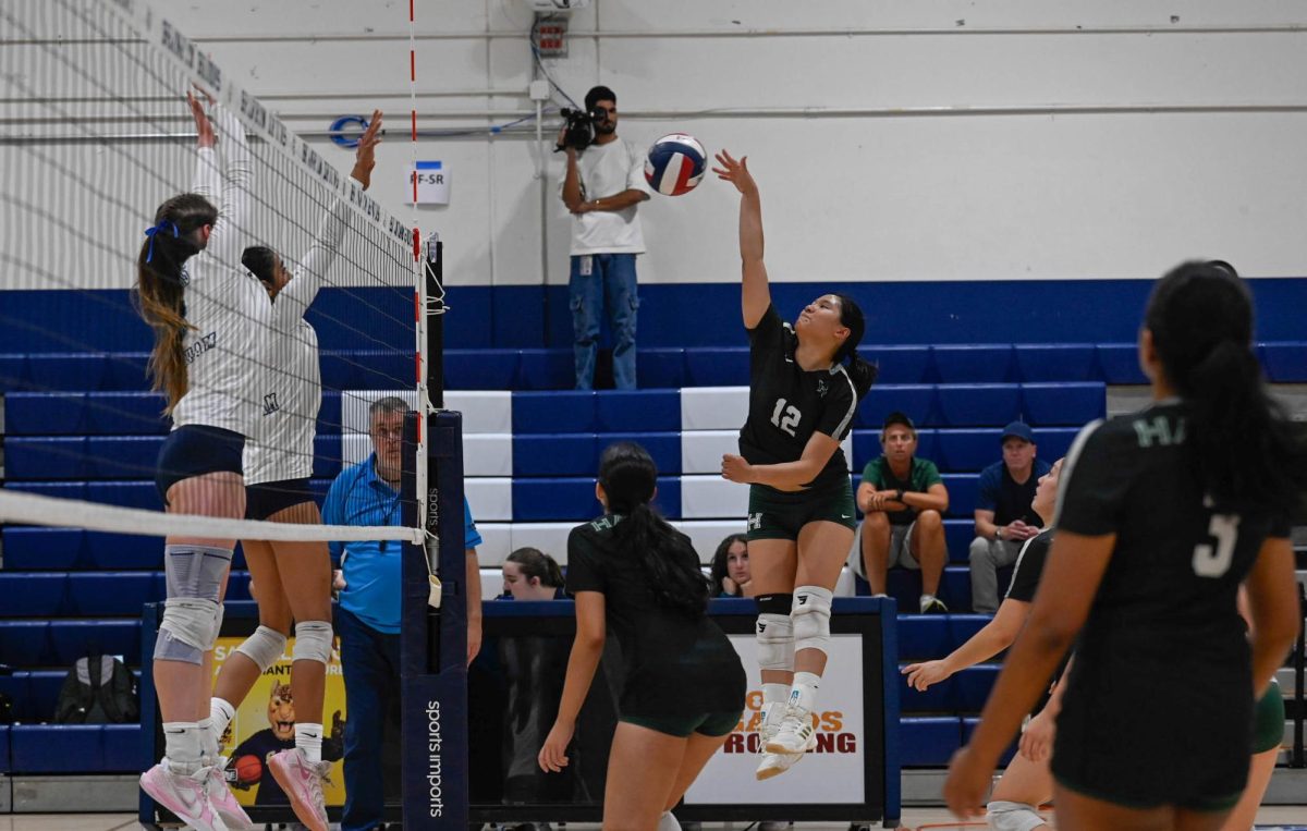Right side hitter Nat Tan (12) jumps to tip the ball. Her tips allowed Harker to have an early lead in the first set.