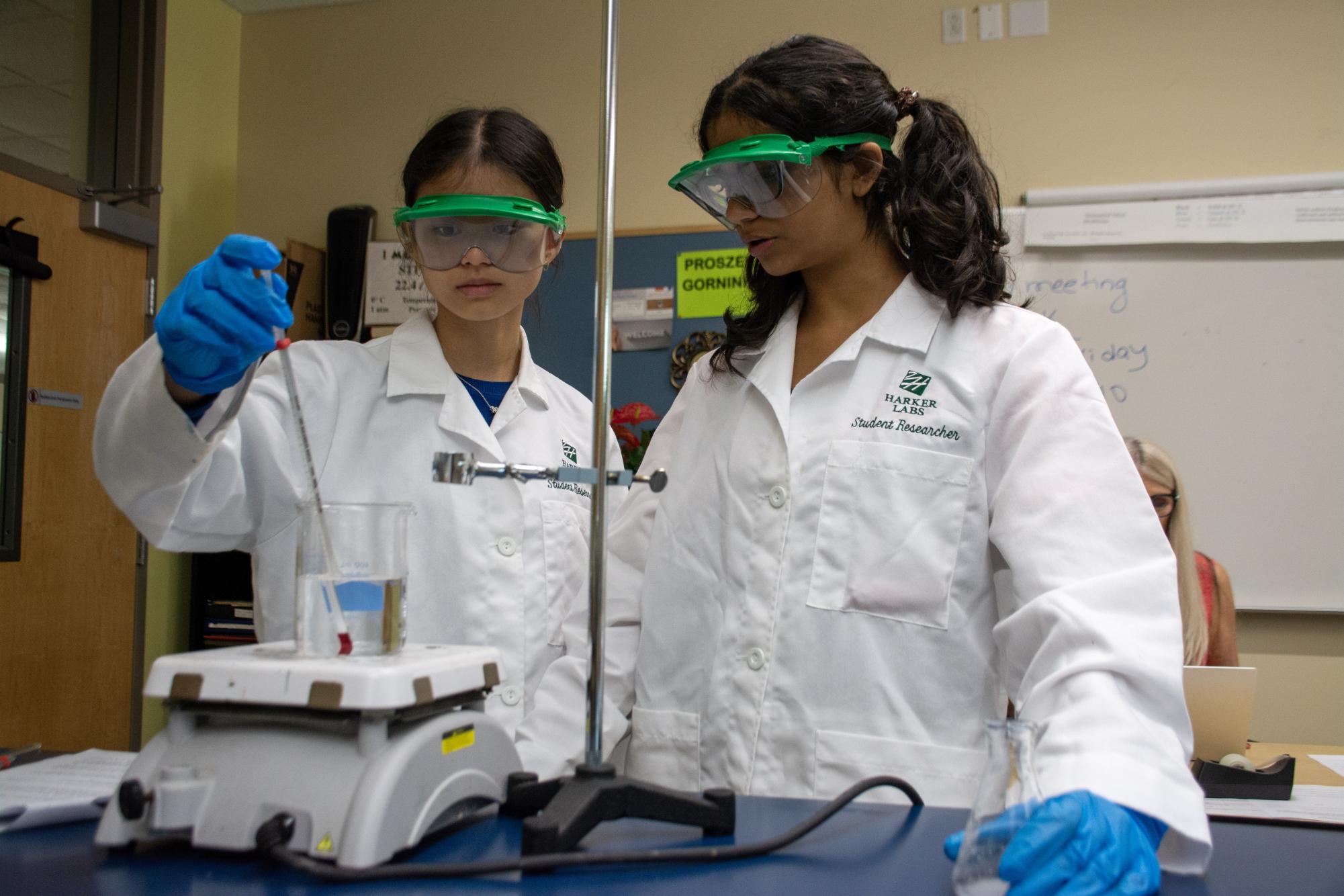 While wearing safety gear, seniors Mindy Truong and Nandini Chandrashekhar measure the temperature of the water. The students performed a lab on different acids and aspirin.