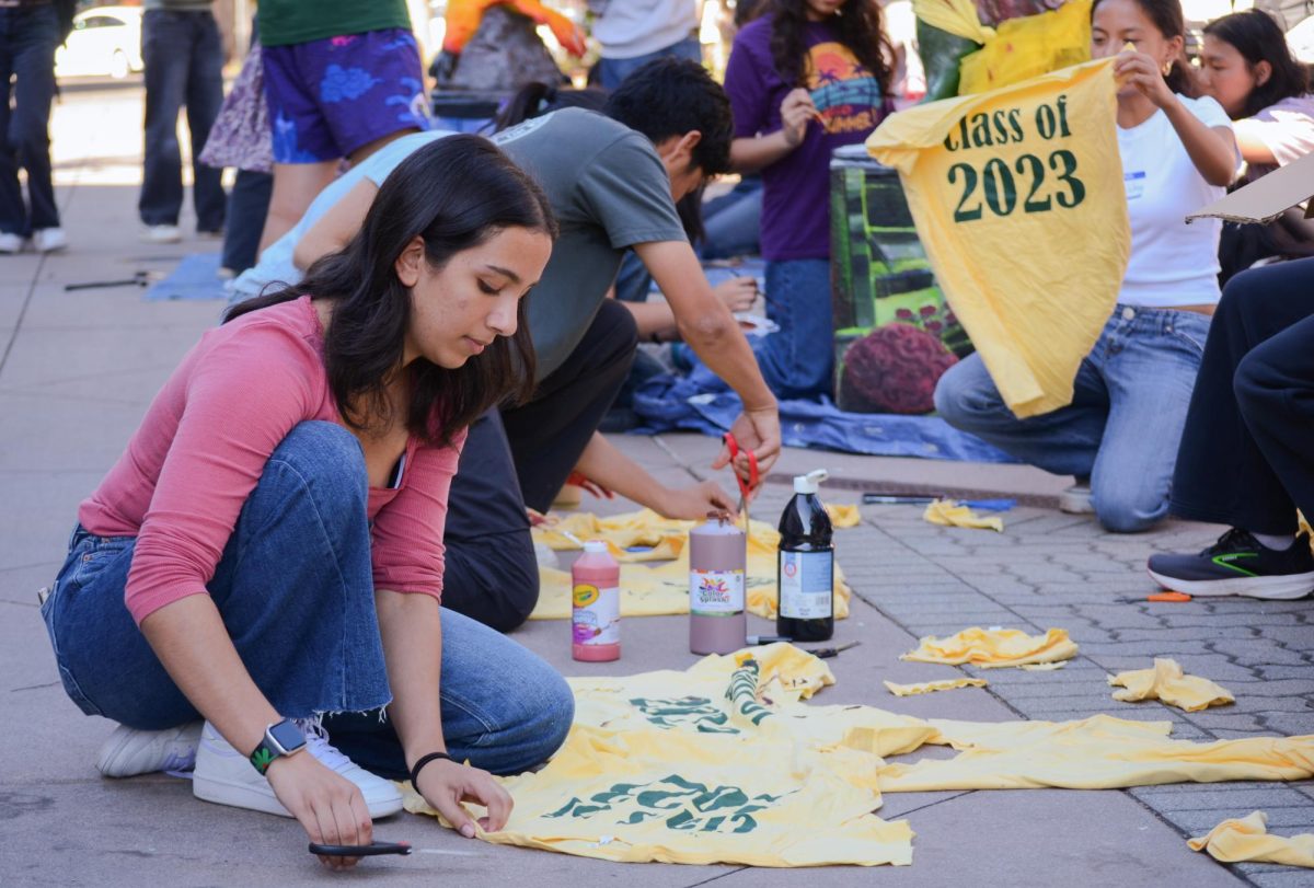 Junior Megha Unny distresses a t-shirt in preparation for the themed dress-up day. Students not only painted their eagles but also prepared for Spirit Week events.