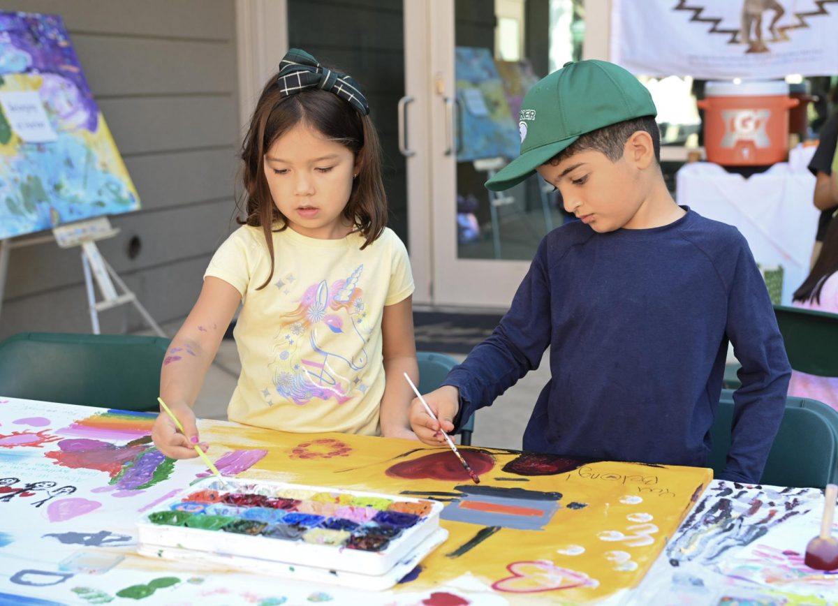 Lower schoolers paint the banners in front of Nichol's Hall. "This is the only event at Harker throughout the entire year where we gather our whole community," Director of Special Events Loni Keller said.