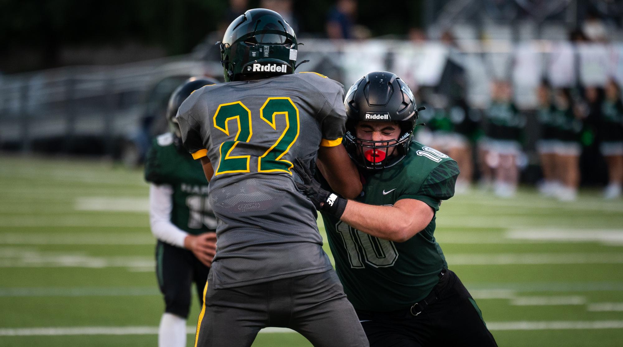Defensive lineman Henry Fradin tackles the Panthers quarterback. Henry's sack pushed Pinewood back six yards.