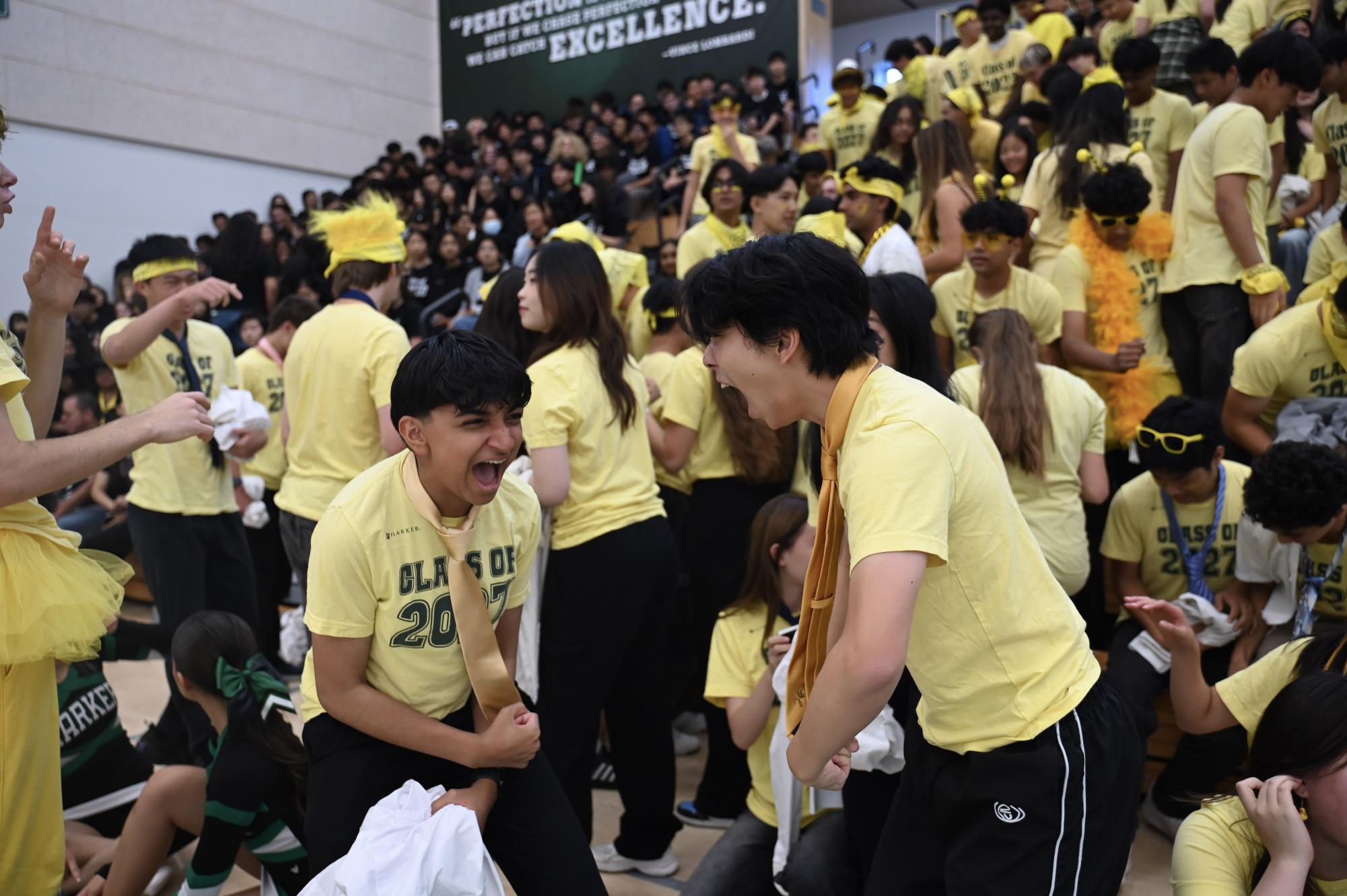 Juniors Ameera Ramzan and Evan Yuan cheer after the scream-off. The juniors came in second place with 124.2 decibels.