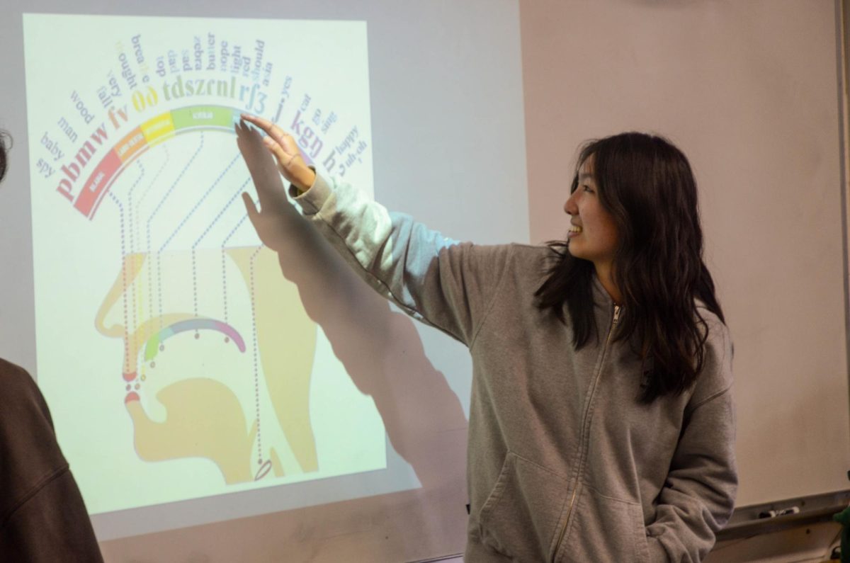 LALC Vice President of External Affairs Raeanne Li (11) explains the International Phonetic Alphabet to attendees. "We decided to have more fun topics this year instead of just talking about the same things every year so our older members can also [enjoy],” Raeanne said. 