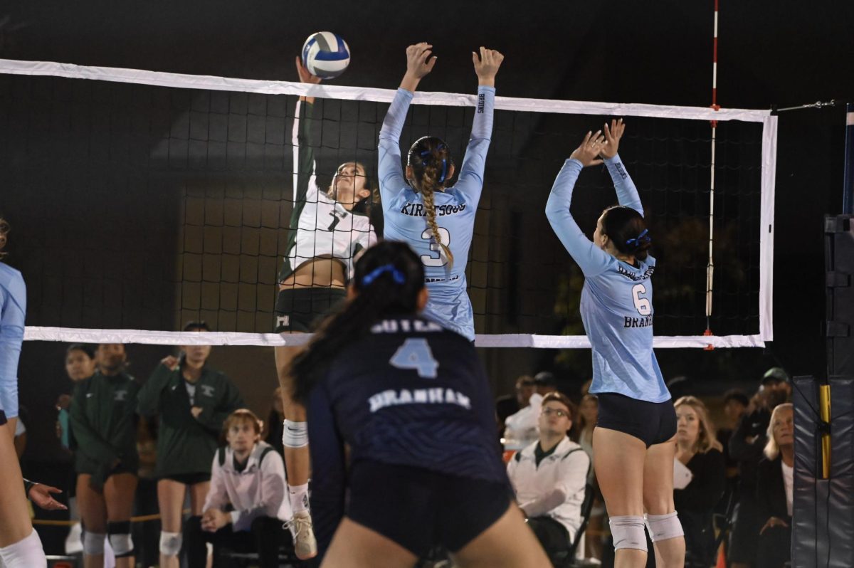 Senior Elie Ahluwalia (12) spikes the ball over the net. The Eagles defeated the Bruins 25-15 to take home the match.