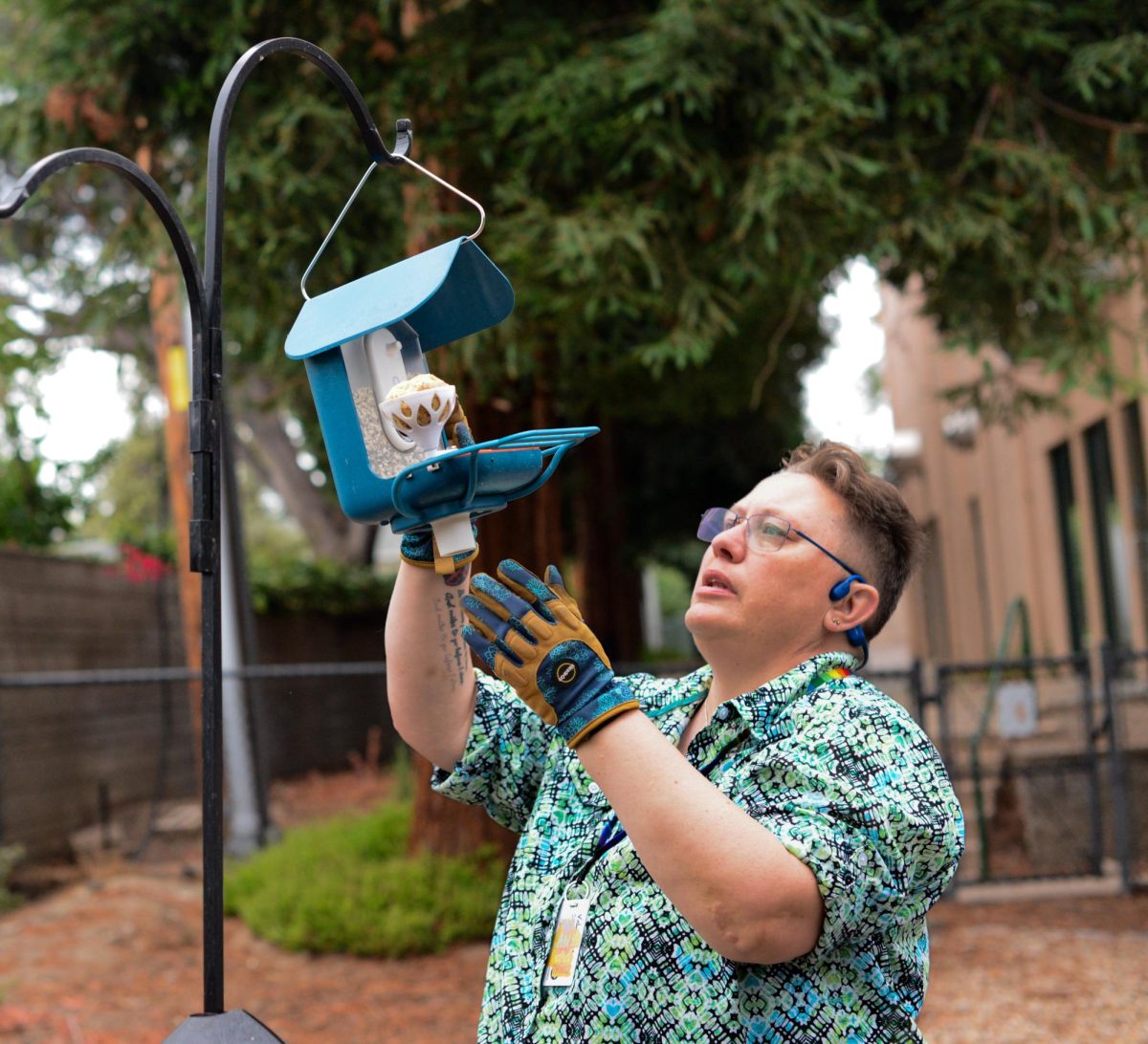 Director of Learning, Innovation and Design Diane Main fills her bird feeder. This specific feeder contains sunflower and Nyjer seeds.