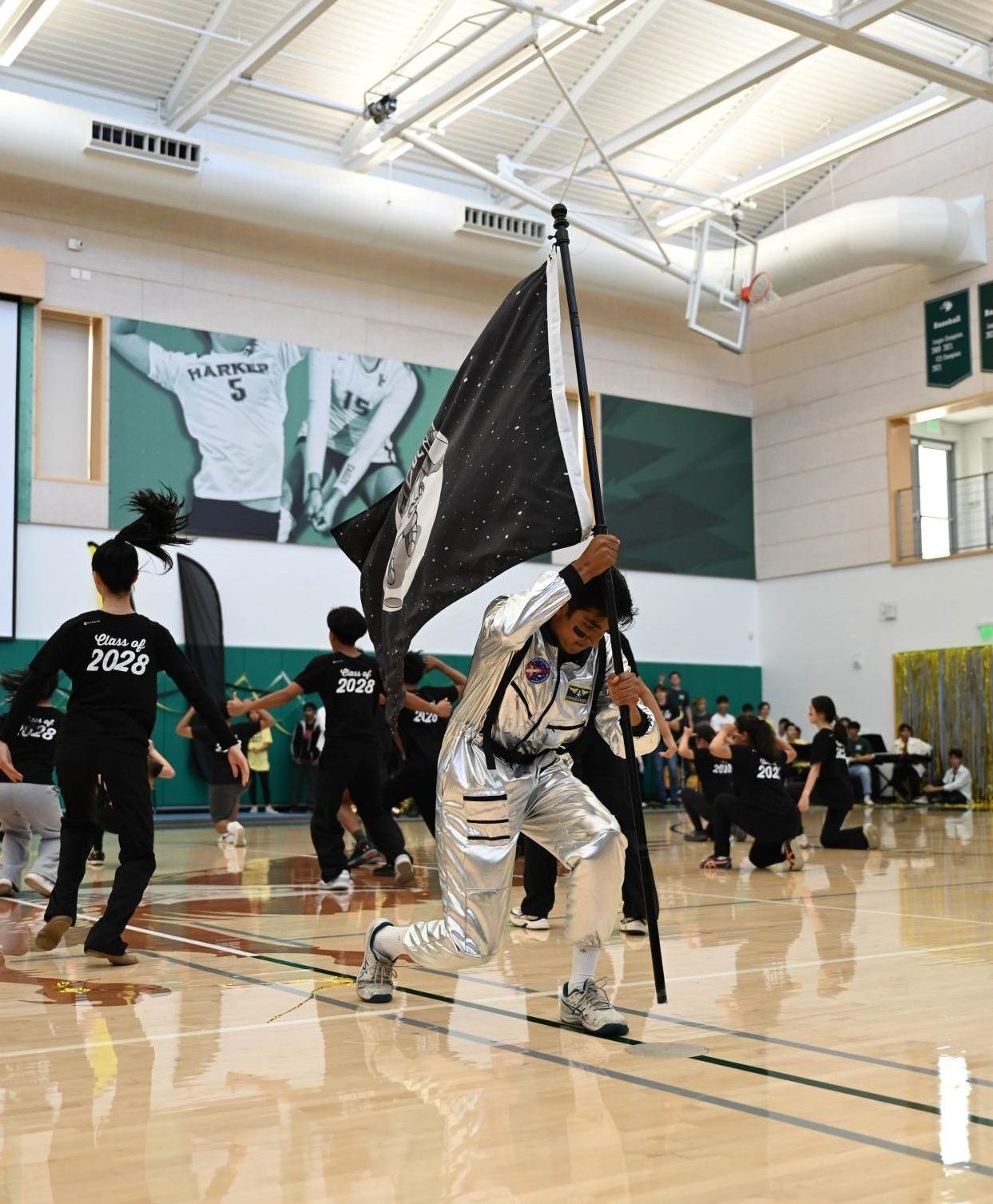Sophomore Ameya Choudhary hits the final pose during the lip sync. The Class of 2028's theme was outer space.