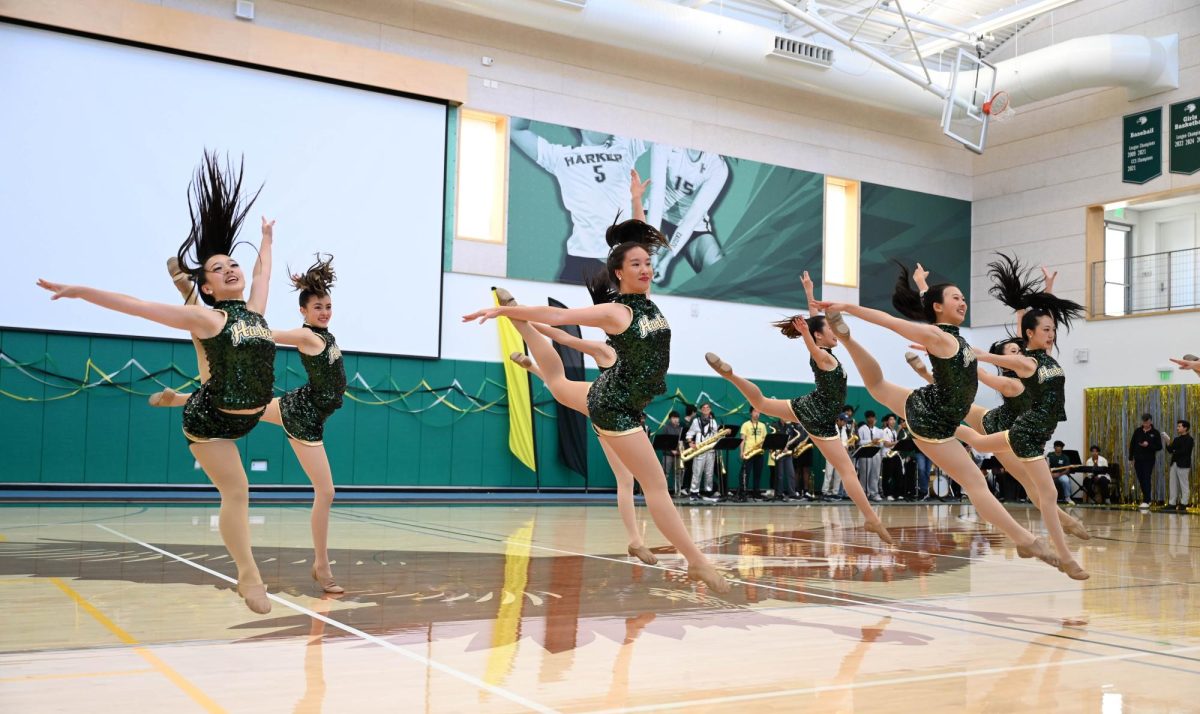 Members of Harker Dance Company perform a leap during their routine. HDC opened the rally with a performance to C.U.T and Tanya Lace's "See Me Now."