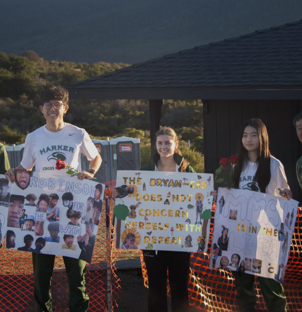 Seniors Robinson Xiang, Emily Bryan and Emma Li pose with their personalized posters and roses with coach Jorge Chen. Seniors were honored in a senior night ceremony at Crystal Springs with gifts and bouquets.