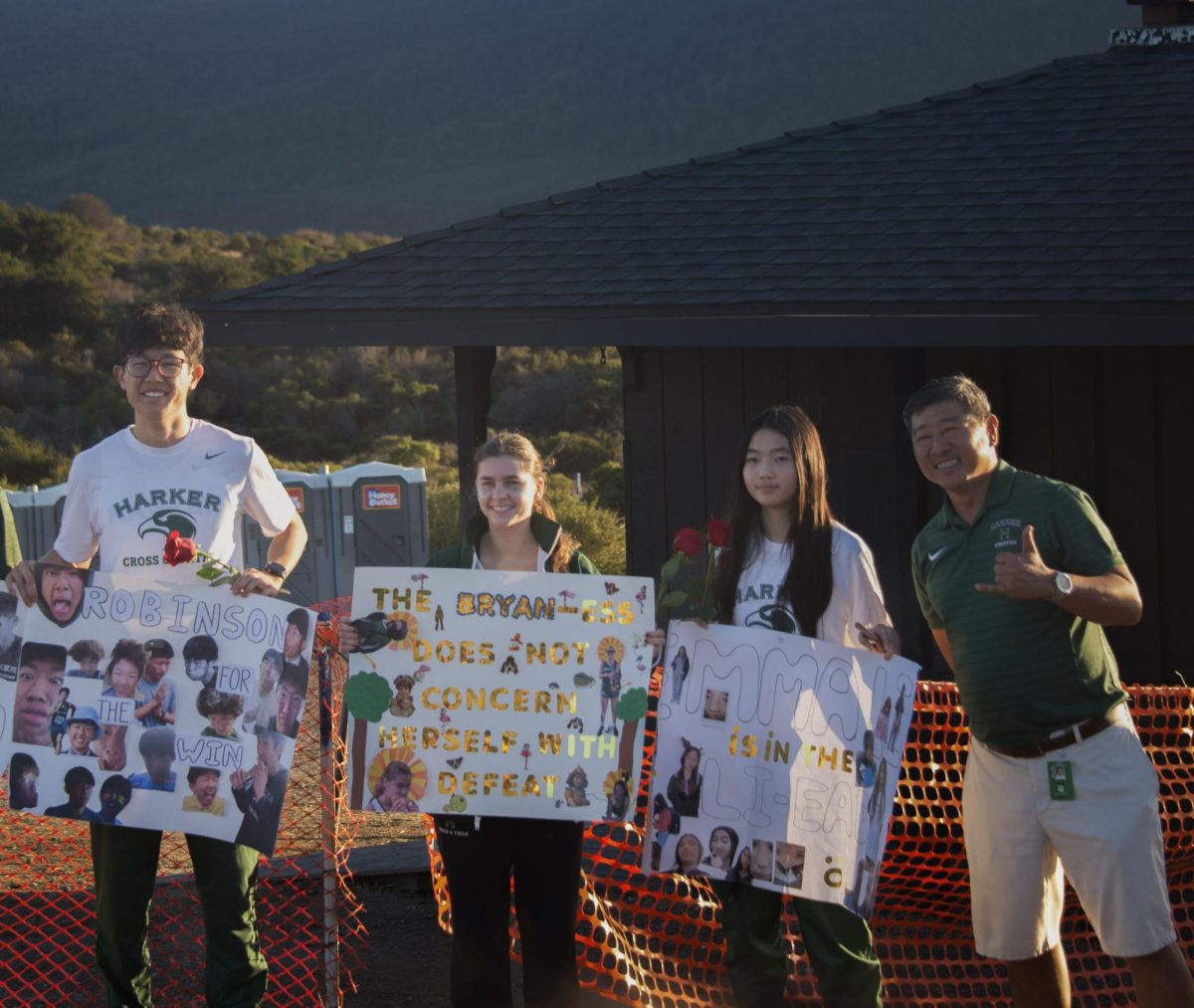 Seniors Robinson Xiang, Emily Bryan and Emma Li pose with their personalized posters and roses with coach Jorge Chen. Seniors were honored in a senior night ceremony at Crystal Springs with gifts and bouquets.