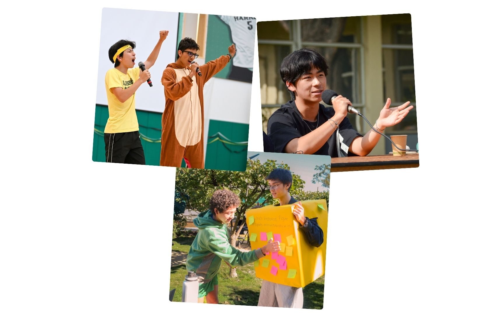 CLC members Evan Yuan (11), Kristiyan Kurtev (11), Albert Yao (12), Yash Greene (12) and Cam Krause (11) engage with the community. CLC brings together leadership groups across campus to  promote a shared vision of unity. (Photos by Tiffany Zhu, Kanav Gupta and Grace Wu)