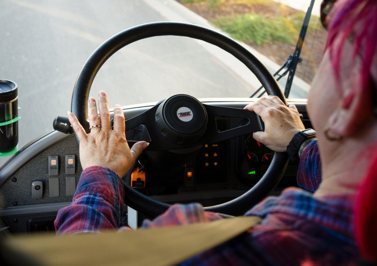 Bus driver Charlene Figone steers the wheel on an afternoon bus route. Figone drives both a morning and afternoon bus route.