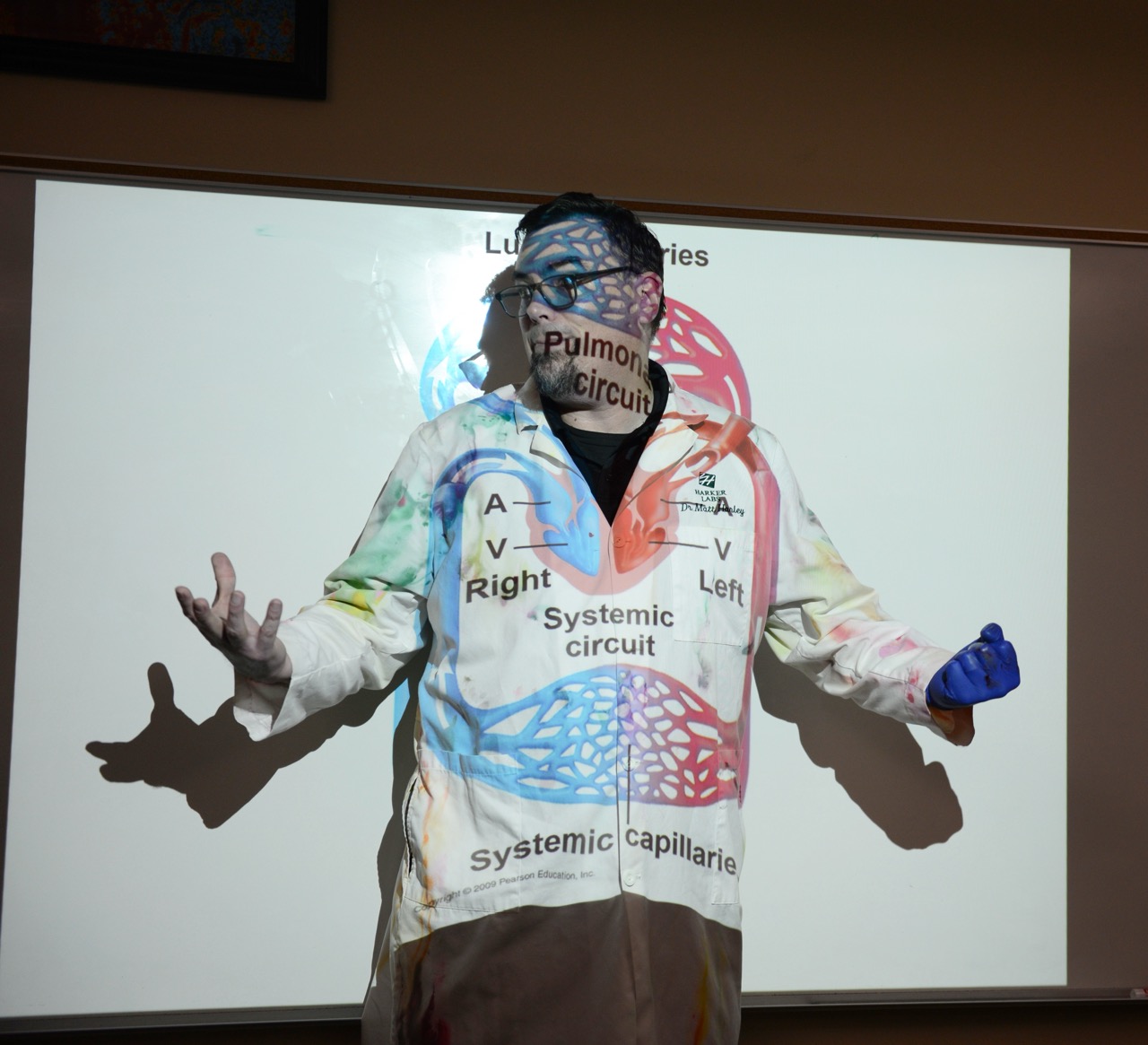 Biology Tacher Matthew Harley stands in front of a projection of the heart, explaining the difference between the heart's right and left sides. During the discussion, he encourages students to find different structures in the heart, like the semilunar valve.