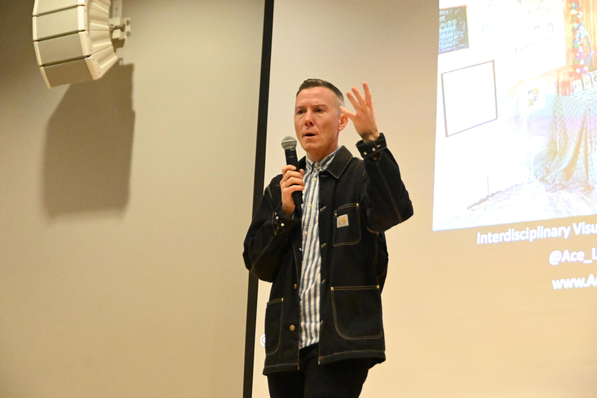 Guest speaker Dr. Ace Lehner shares their personal experiences with self identity. Dr. Lehner later led a self-portrait activity that students participated in.