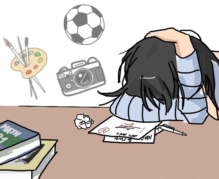Due to demanding course loads, many students feel pushed to give up extracurricular activities they care about. (Illustration by Aahana Sharma)