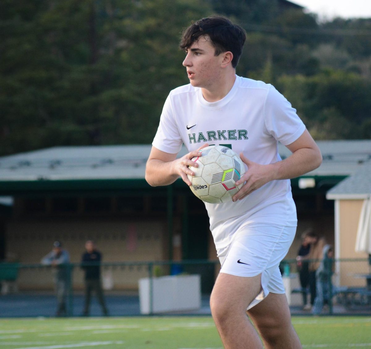 Center midfielder Roger Fradin (10) prepares for a throw-in in Pinewood's half. Soon after, forward Vova Shchegrov (11) scored the game’s only goal with a chip over the Pinewood goalkeeper.