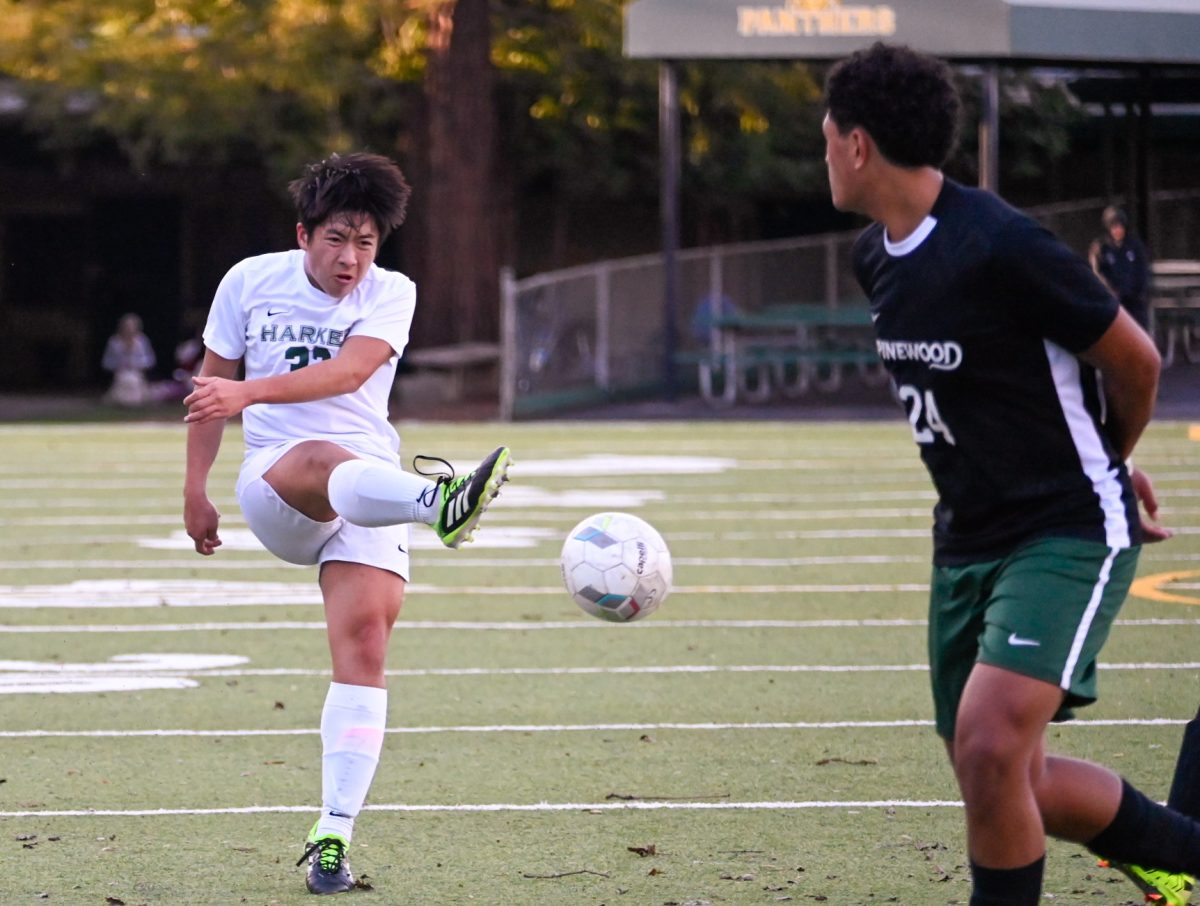 Center midfielder Sam Li (11) attempts a shot on goal. Harker created chances throughout both halves of the game.