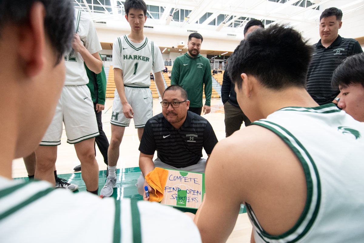 In a pregame huddle, Head Coach Alfredo Alves emphasizes the team's philosophy to find open shooters. Despite losing 50-81, the Eagles forced 16 turnovers from Menlo, a testament to their intense defense.