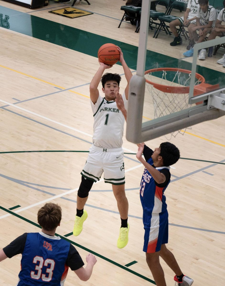 Forward Mason Chang (9) elevates for a midrange jumper. By focusing on obtaining offensive rebounds, Harker found opportunities for second-chance points.