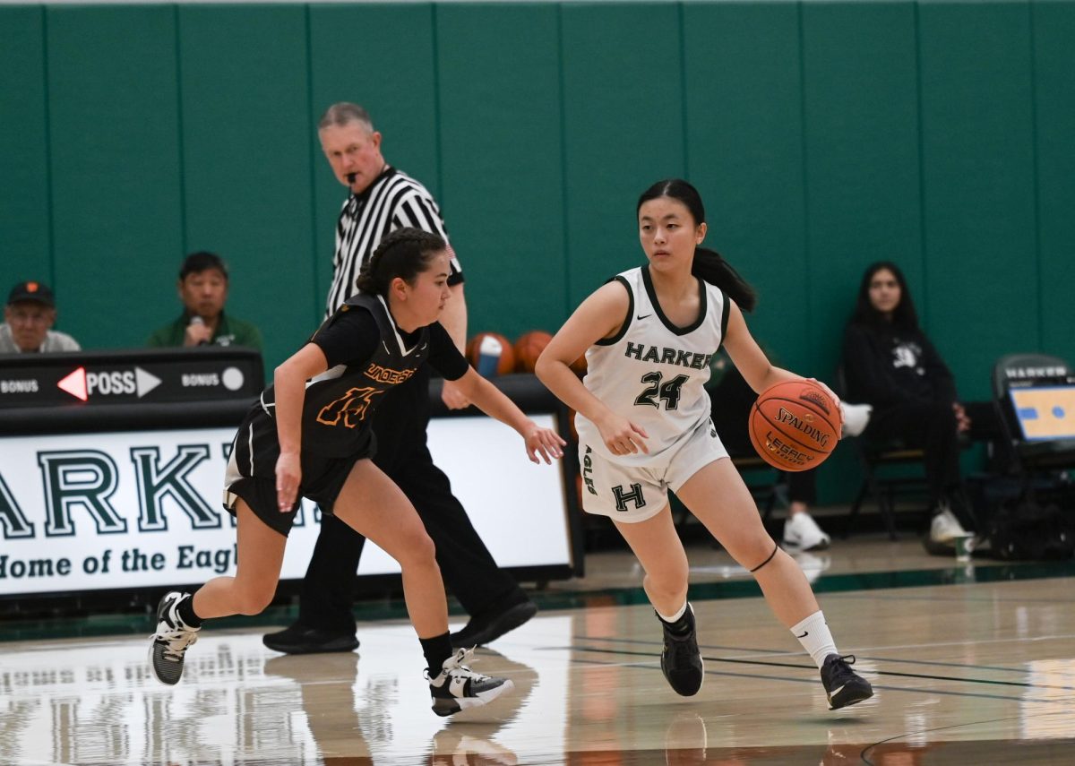 Varsity girls basketball guard Sophie Wu (10) navigates past a defender in their CCS Second Round game. Sophie contributed offensively, passing to her teammates and helping them win the game 48-28.