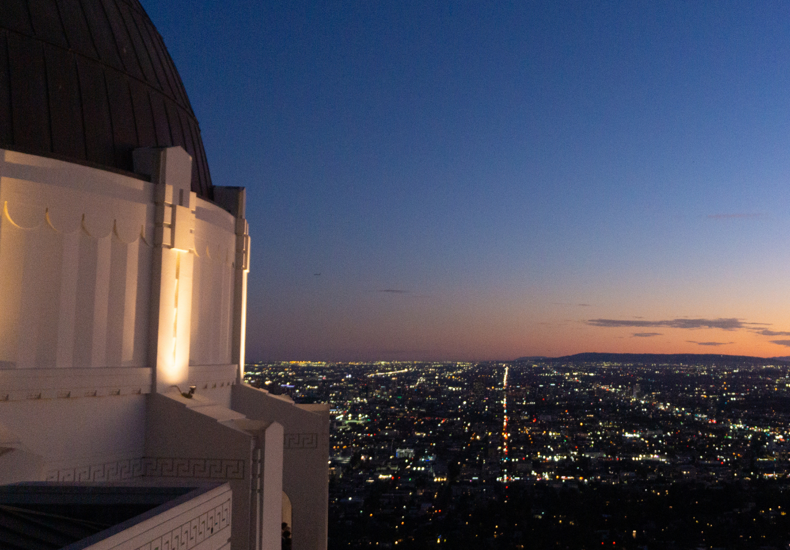Looking out from the balcony, city lights are visible from the Griffith Obsevratory.