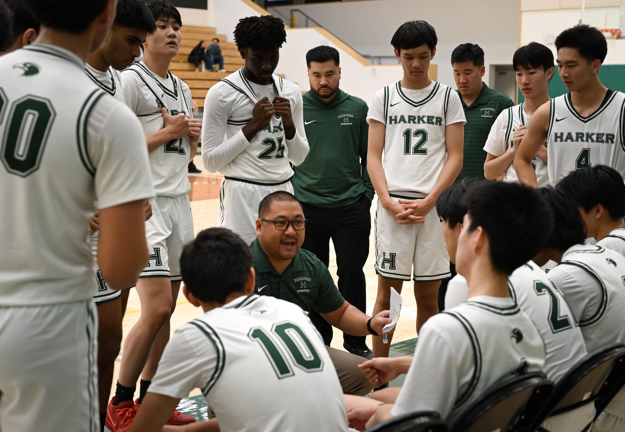 Varsity boys basketball head coach Alfredo Alves talks to his team during a timeout. Throughout his career at Harker, he has shaped an athletic program focused on encouraging players’ effort and fostering connections that last beyond a single season.