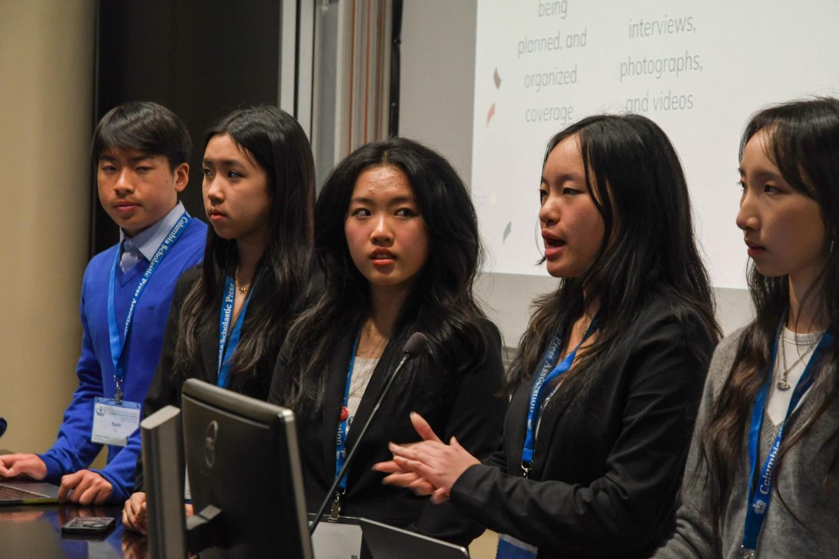 Winged Post Editor-in-Chief presents an overview of Harker Journalism’s coverage during the workshop “Celebrating the Silver Linings.” Harker Aquila and Winged Post editors presented on how to create stories on difficult topics or conflicts.