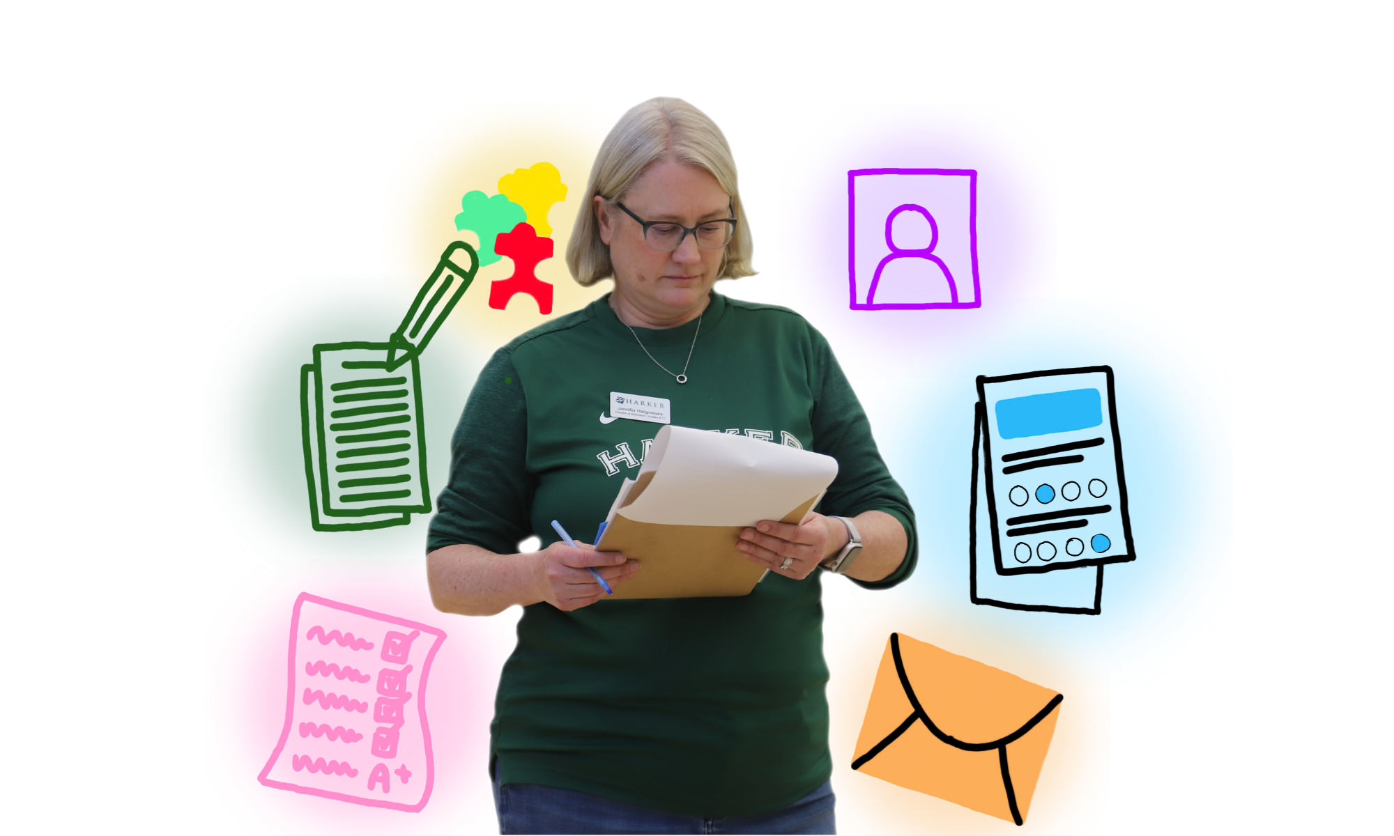 Upper school Admissions Director Jennifer Hargreaves holds a clipboard.
Hargreaves and the admissions team evaluate applicants on their essays, transcripts, interviews and more.