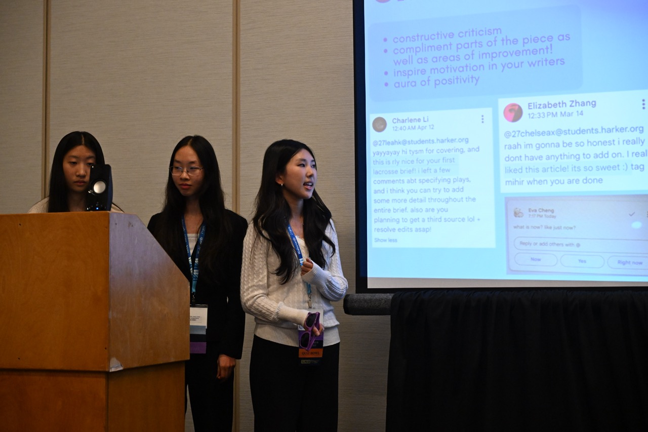 A&E/Lifestyle editor Grace Wu (10), Aquila Editor-in-Chief Cynthia Xie (11) and News editor Aileen Jang (10) present "67 Ways to Bond with your staff." The presentation explored ways for news and yearbook staffs to promote positivity and featured interactive activities for attendees. 