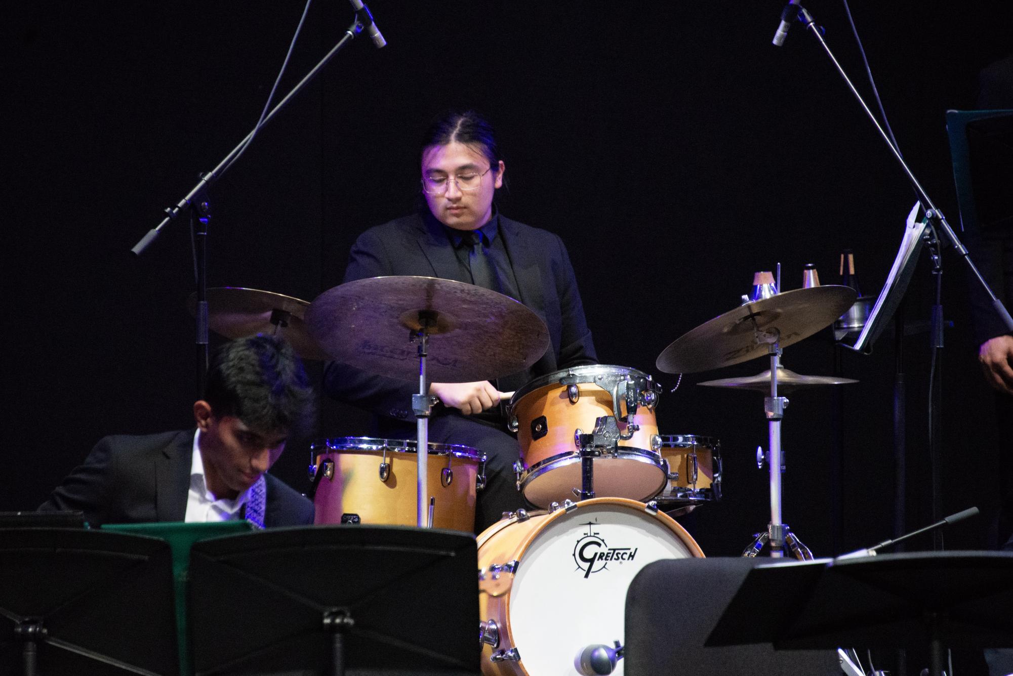 Senior Jayden Rodriguez executes a rapid drum sequence during his solo in “Chocobo.” Senior Jackson Powell had a solo in “super mario ending theme song”