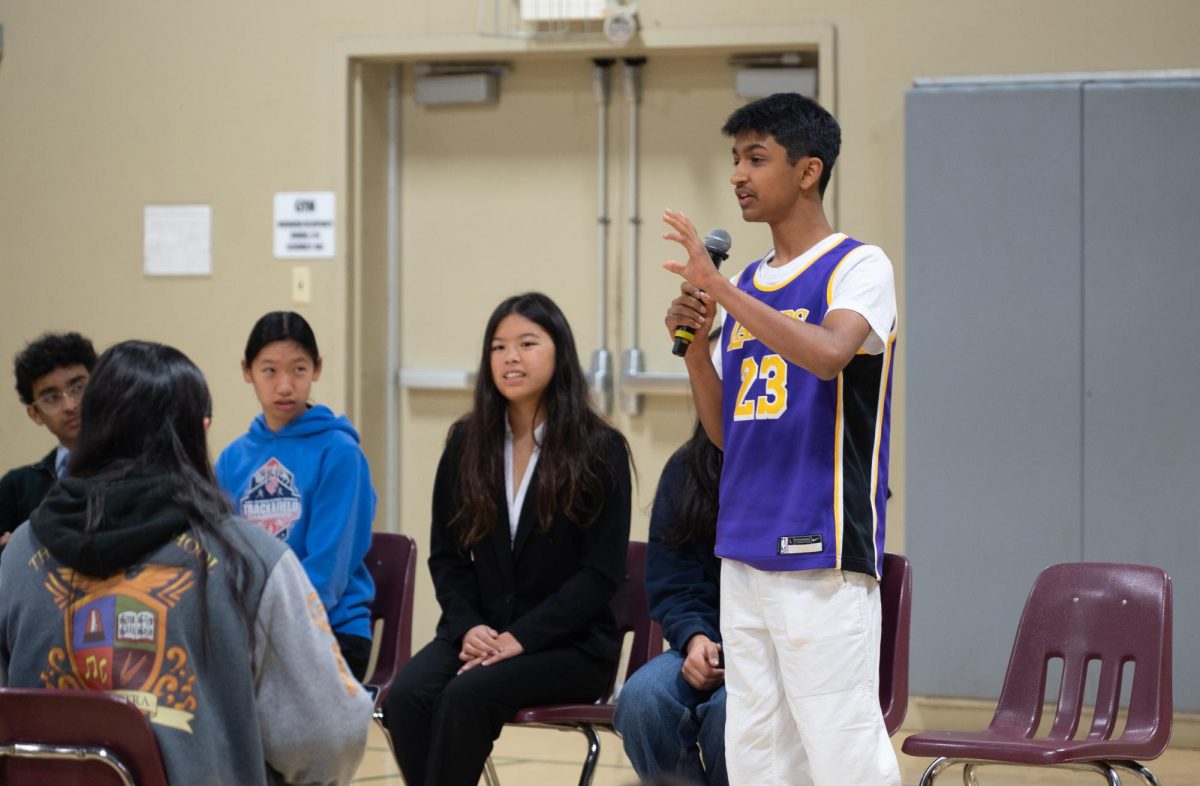Frosh Arush Savla answers a question about what he hopes to achieve in the next school year. He was voted as part of the frosh class council.