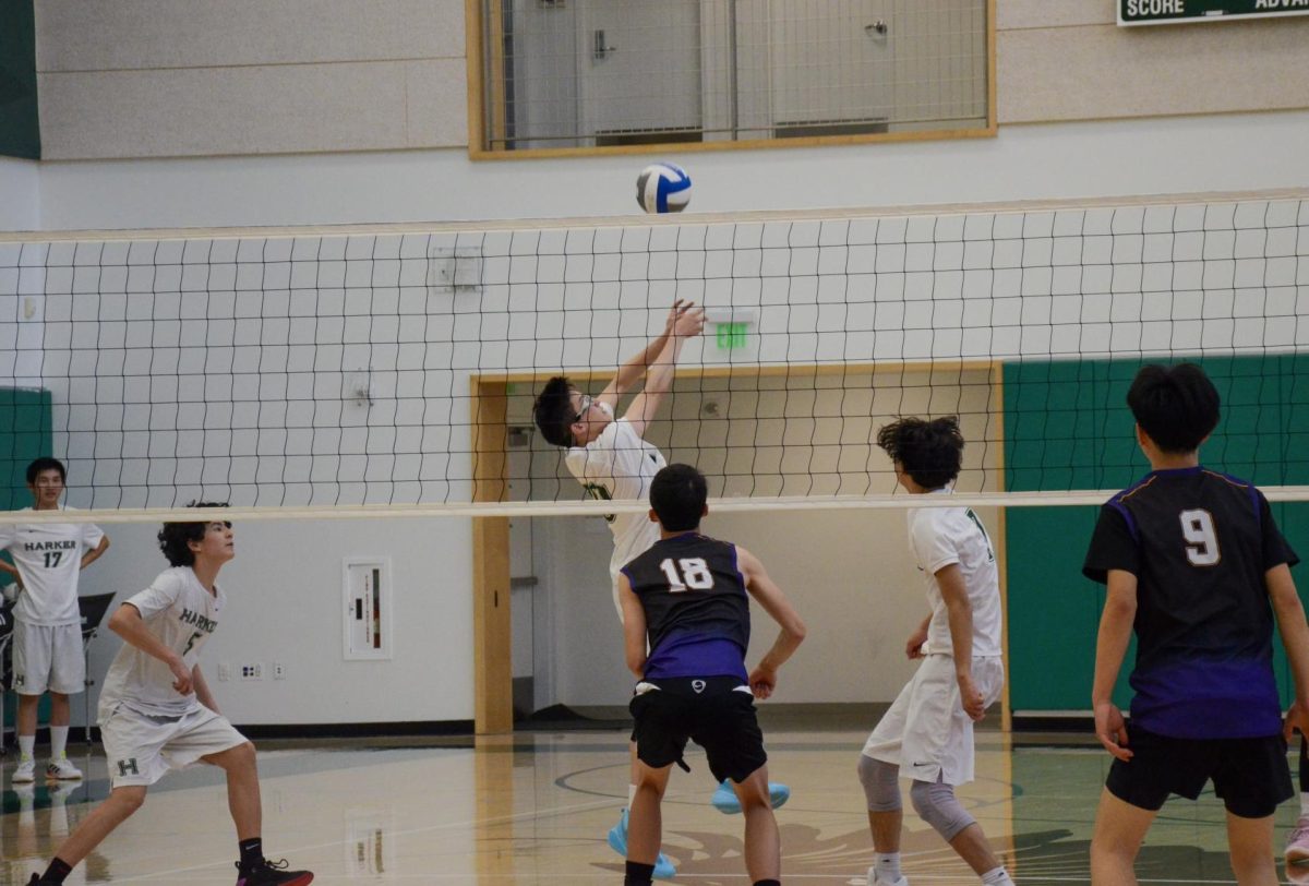 Setter Nathaniel Steeg (9) turns to pass the ball over the net. He contributed seven kills throughout the game.