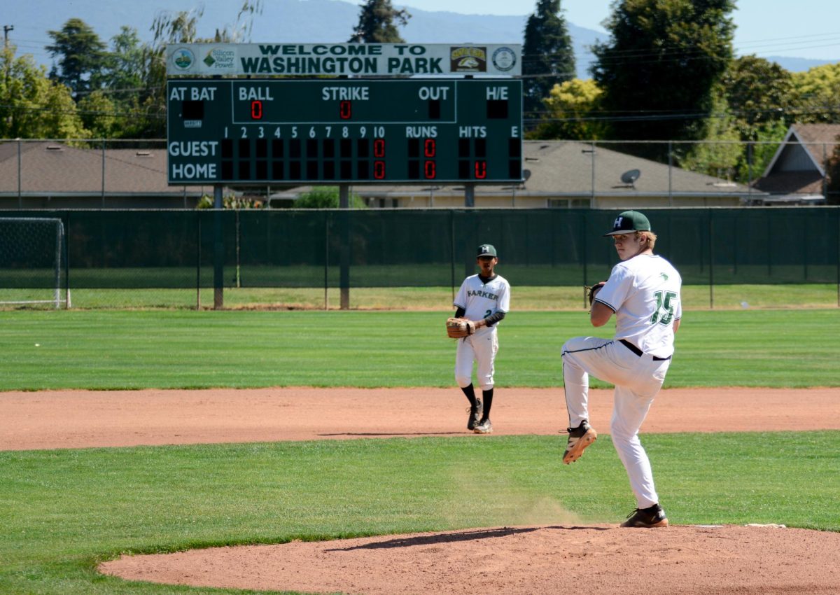 Junior Mason Brooks prepares to pitch the ball. Washington Park is the home field for Harker's baseball team.