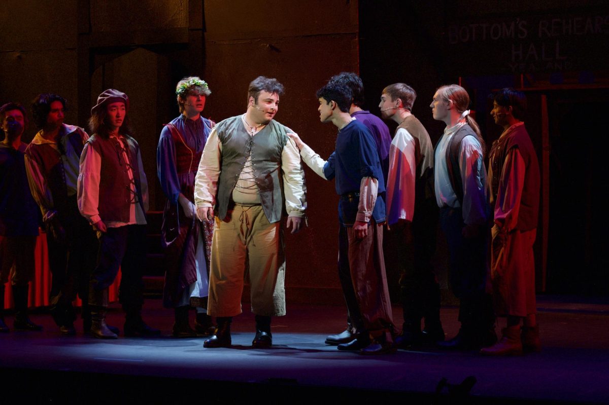 Aditya Ramanathan ('26) as Nigel Bottom worriedly talks with his brother, Nick. In "Something Rotten!," the playwright brothers work to create a musical called "Omelette."