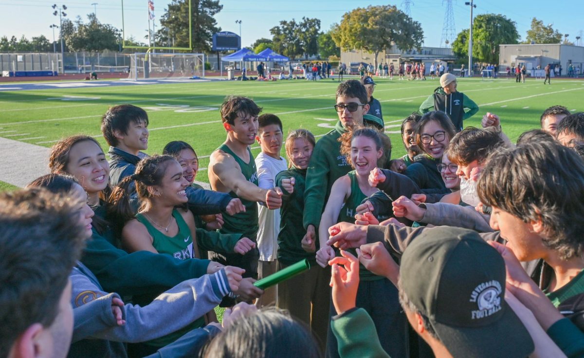 The track and field team congregates to celebrate after the WBAL 2B meet at the Kings academy on April 14. The team placed strongly throughout the season with the girls team earning a league championship.