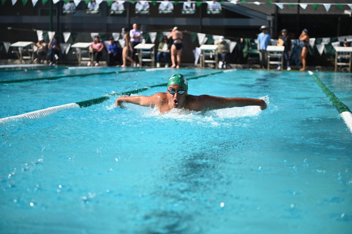 Frosh Rohan Kaushal takes a breathe during his 50-yard butterfly race during the preliminary WBAL championships on May 1. He placed second in the boys event.